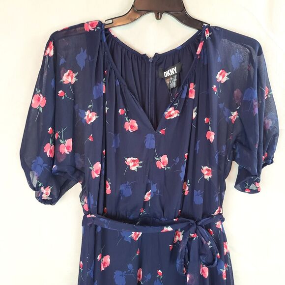 New DKNY Women's (12) Blue and Pink Floral Print Chiffon Fit & Flare Dress $134 - Picture 5 of 12